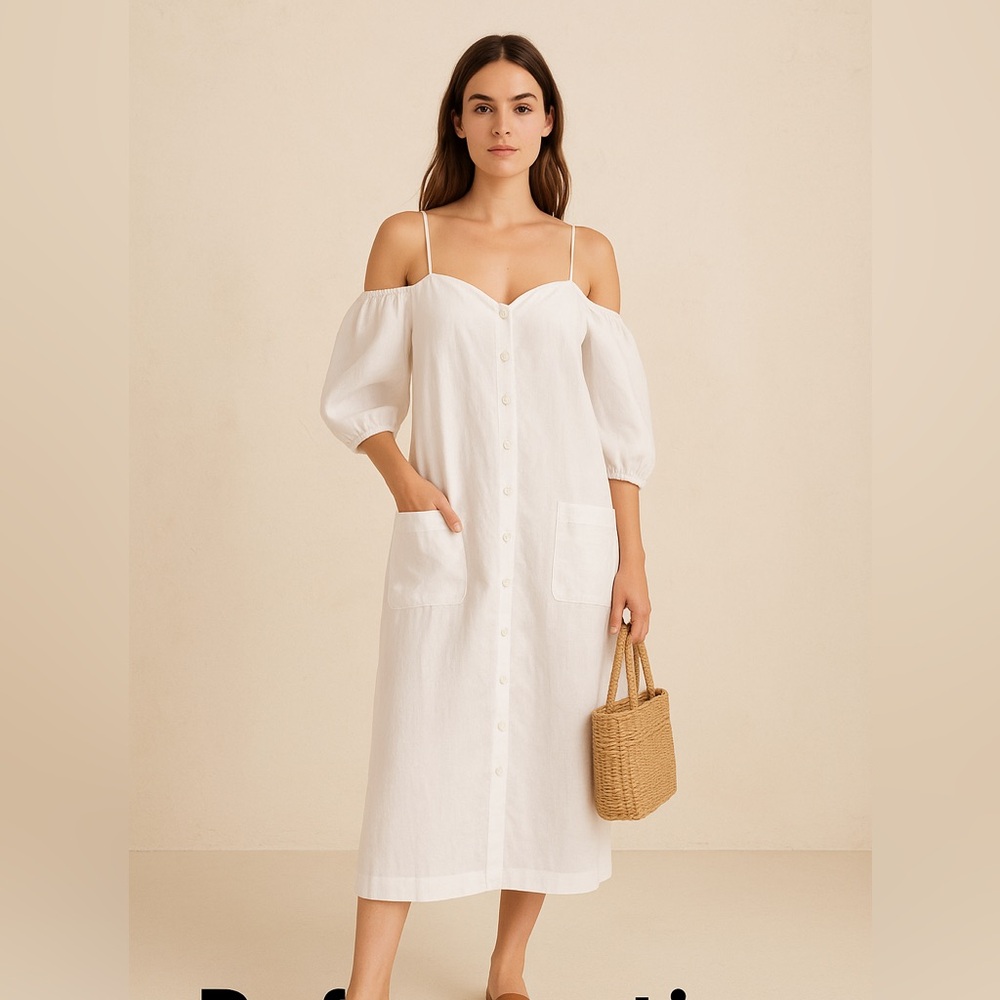 NWOT Reformation Square Neckline Midi Length Button Up White Linen Dress Size S